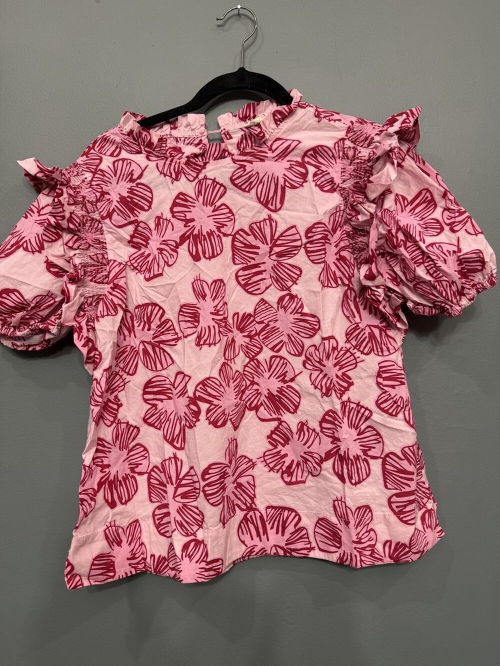 Jodifl Pink Red Floral Ruffle Mock Neck Puff Sleeve Cotton Blouse Size M